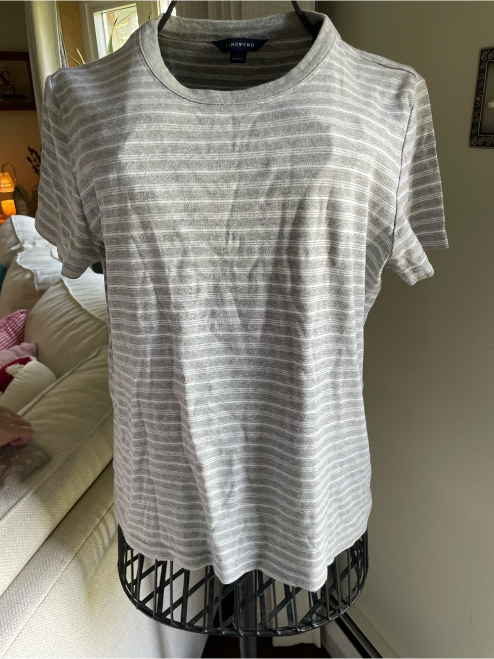Lands' End Women's Light Gray and White Striped Short-Sleeve Tee